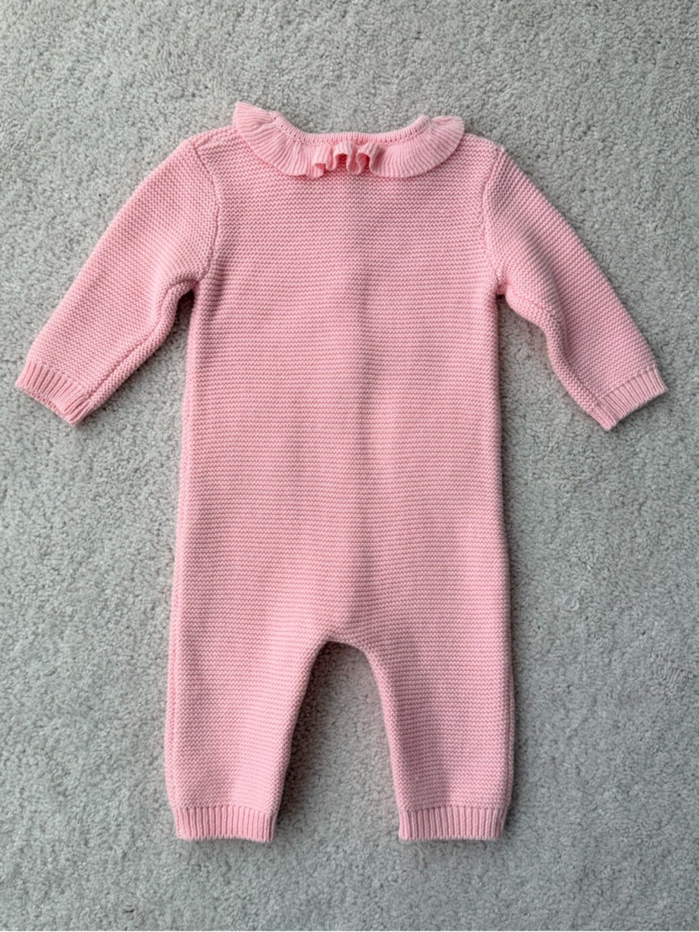 Little Me Pink Knit One-Piece with Crochet Pocket and ruffled neckline - Picture 9 of 9